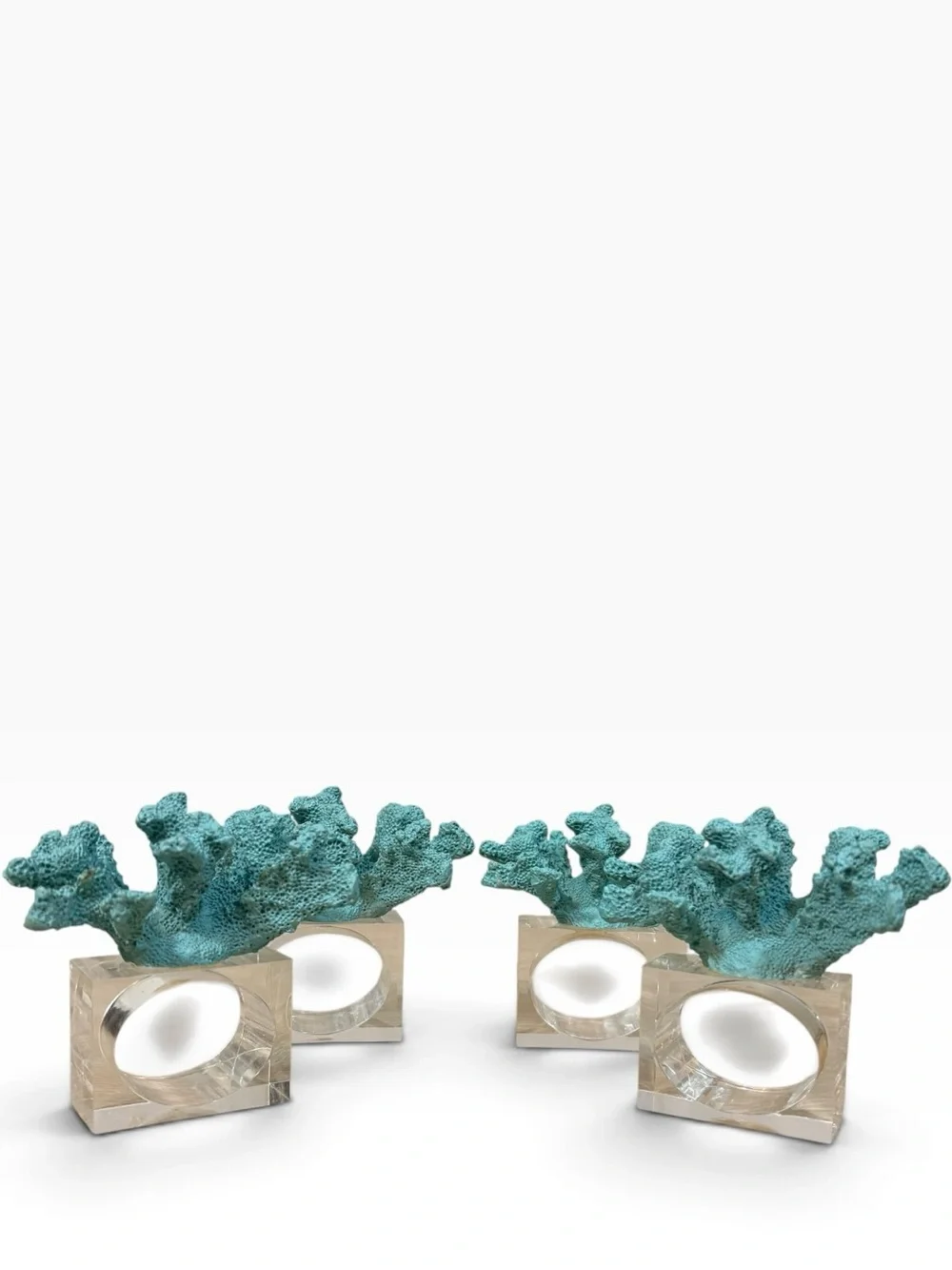 Coastal Style Blue Faux Coral With Acrylic Base Napkin Rings Set of 4